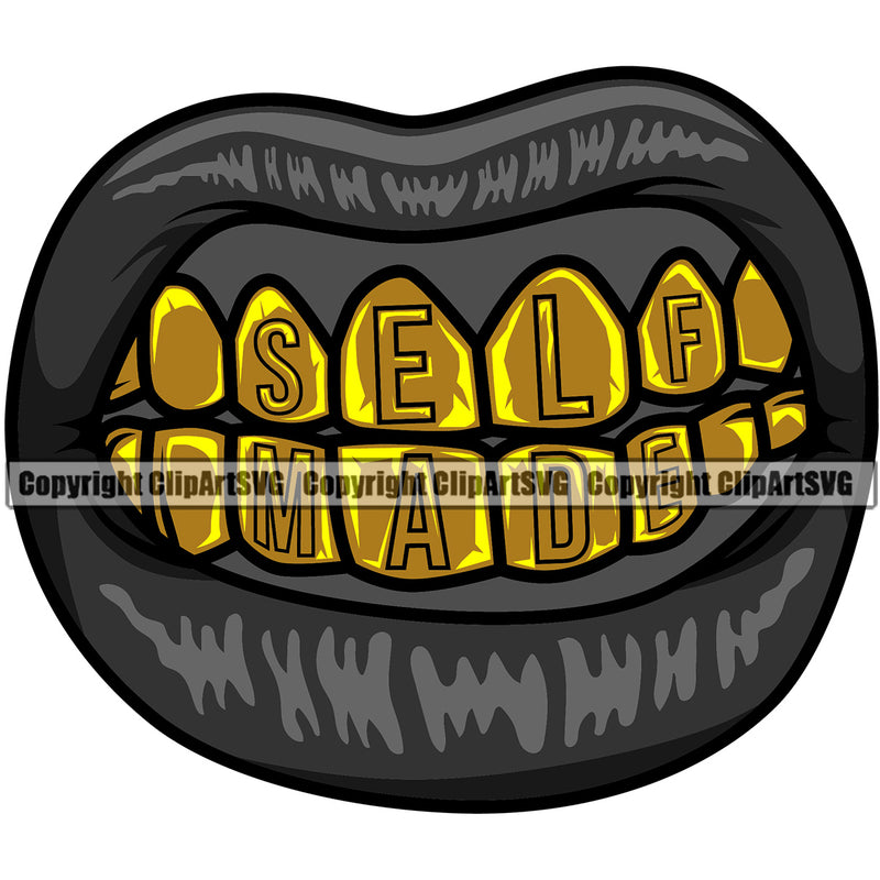 Lips Gold Teeth Both Text Design Element Face Sexy Mouth Position Gangster Grill Thug Mean Mug Bling Jewelry Cartoon Character Mascot Creation Create Woman Female Girl Lady Artwork Creator Business Company Logo Clipart SVG