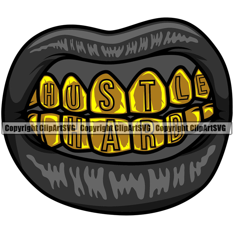 Lips Black Color Gold Teeth Hustle Hard Text Design Element Face Sexy Gangster Grill Thug Mean Mug Bling Jewelry Position Head Cartoon Character Mascot Creation Create Art Artwork Creator Business Woman Female Girl Logo Clipart SVG