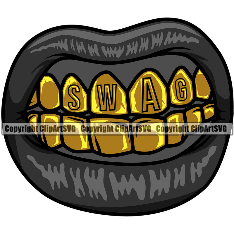 Lips Black Color Gold Teeth Swag Text Design Element Woman Female Girl Lady Sexy Gangster Grill Thug Mean Mug Bling Position Head Cartoon Character Mascot Creation Create Art Artwork Creator Business Company Logo Clipart SVG