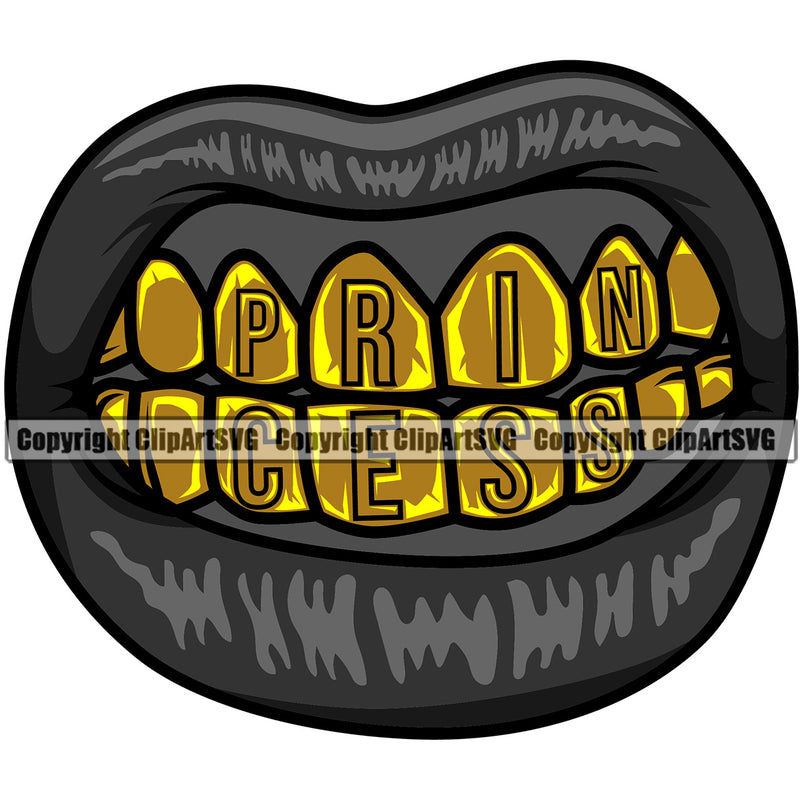 Lips Gold Teeth Princess Text Design Element Woman Female Girl Lady Sexy Mouth Position Head Cartoon Character Mascot Creation Create Art Artwork Creator Business Gangster Grill Thug Mean Mug Bling Jewelry Company Logo Clipart SVG