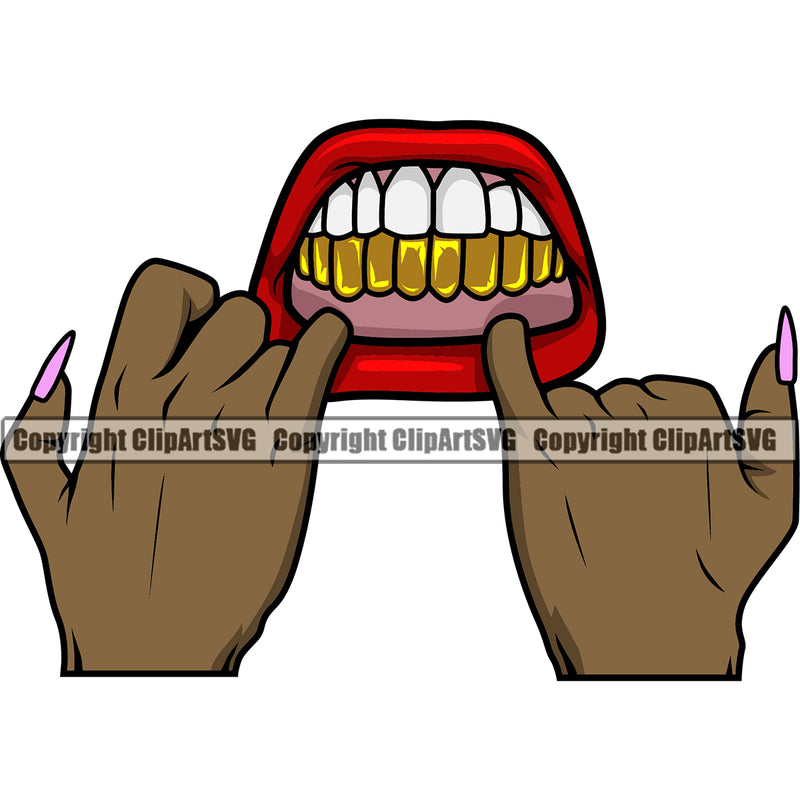 Lips Finger Hand Gesture Show Showing Gold Teeth Design Element Face Sexy Mouth Position Head Gangster Grill Thug Mean Mug Bling Jewelry Woman Female Girl Lady Character Mascot Creation Create Art Artwork Creator Business Company Logo Clipart SVG
