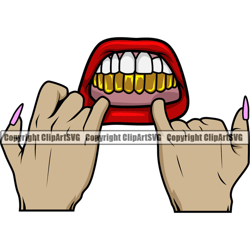 Lips Finger Sexual Sexy Hand Gesture Gold Teeth White Caucasian Hand Design Element Face Sexy Mouth Thug Mean Mug Bling Jewelry Woman Female Girl Lady Head Cartoon Character Mascot Creation Create Art Artwork Creator Business Company Logo Clipart SVG