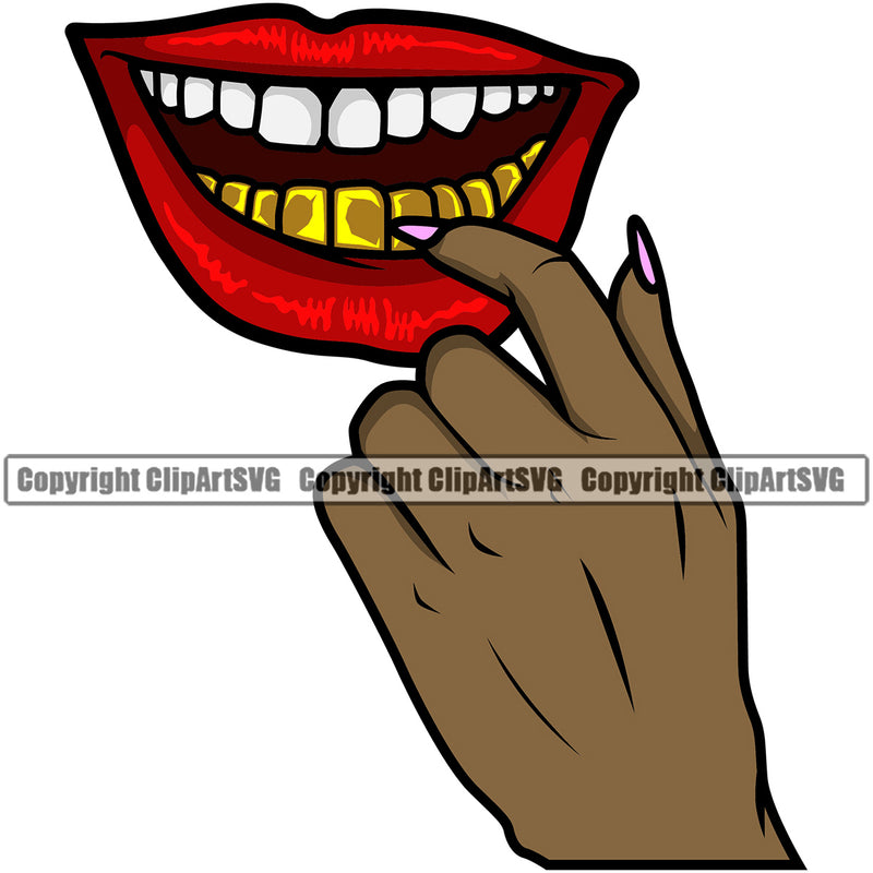 Lips Finger Sexual Sexy Hand Gesture Smile Gold Teeth Black African America Hand Design Element Face Sexy Mouth Position Head Cartoon Character Mascot Art Artwork Gangster Grill Thug Mean Mug Bling Jewelry Woman Female Girl Lady Logo Clipart SVG