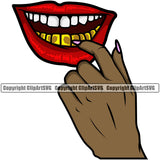 Lips Finger Sexual Sexy Hand Gesture Smile Gold Teeth Black African America Hand Design Element Face Sexy Mouth Position Head Cartoon Character Mascot Art Artwork Gangster Grill Thug Mean Mug Bling Jewelry Woman Female Girl Lady Logo Clipart SVG