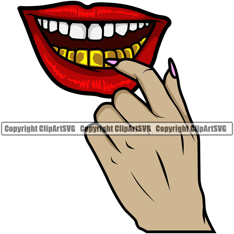 Lips Finger Sexual Sexy Hand Gesture Smile Gold Teeth White Caucasian Hand Design Element Sexy Mouth Head Mascot Gangster Grill Thug Mean Mug Bling Jewelry Woman Female Girl Lady Create Art Artwork Creator Business Company Logo Clipart SVG