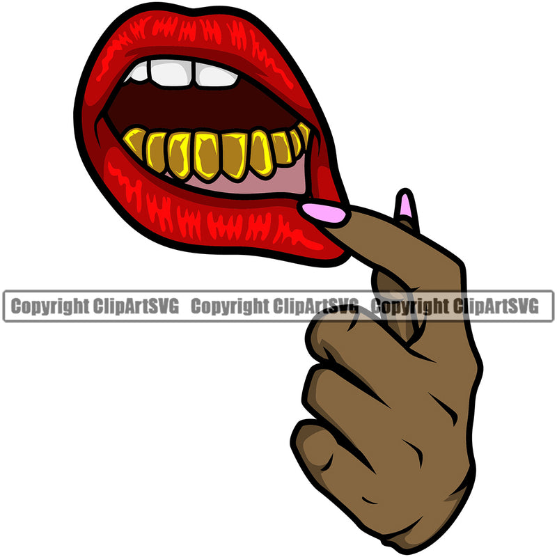Lips Finger Sexual Sexy Hand Gesture Black African America Hand Gold Teeth Design Element Face Mouth Head Gangster Grill Thug Mean Mug Bling Jewelry Woman Female Girl Lady Mascot Creation Create Art Artwork Creator Business Company Logo Clipart SVG