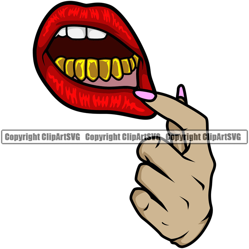 Lips White Caucasian Hand Gold Teeth Design Element Face Sexy Position Head Character Mascot Creation Gangster Grill Thug Mean Mug Bling Jewelry Woman Female Girl Lady Art Artwork Creator Business Company Logo Clipart SVG