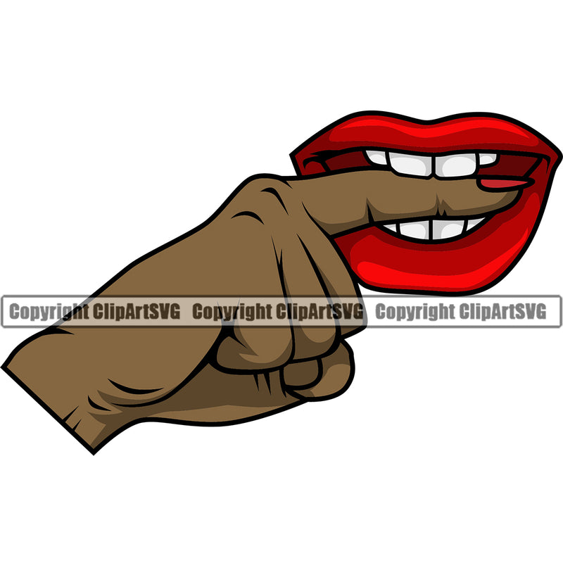Lips Bite Biting Finger Sexual Sexy Black African America Hand Design Element Face Sexy Mouth Woman Female Girl Lady Head Cartoon Character Mascot Creation Create Art Artwork Creator Business Company Logo Clipart SVG