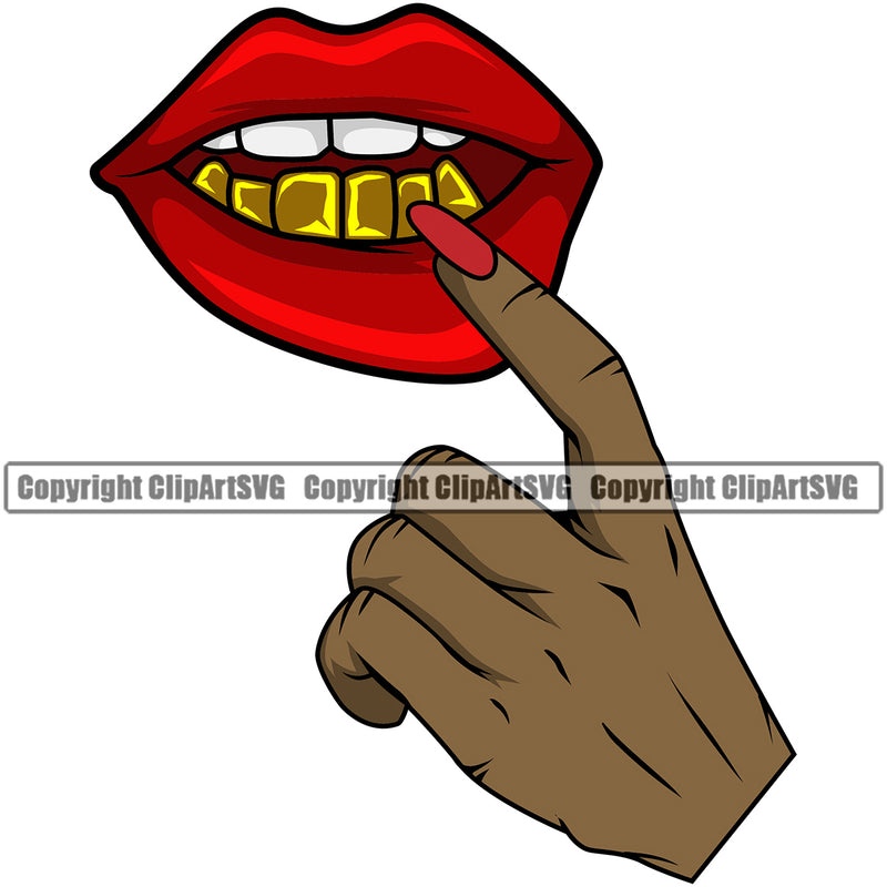 Lips Finger Sexual Sexy Hand Gesture Bottom Gold Teeth Black African America Hand Design Element Sexy Gangster Grill Thug Mean Mug Bling Jewelry Woman Female Cartoon Character Mascot Creation Create Art Artwork Creator Business Company Logo Clipart SVG