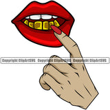 Lips Finger Sexual Sexy Hand Gesture Bottom Gold Teeth Red White Caucasian Hand Design Element Face Mouth Head Cartoon Character Mascot Art Artwork Creator Gangster Grill Thug Mean Mug Bling Jewelry Woman Female Girl Lady Company Logo Clipart SVG