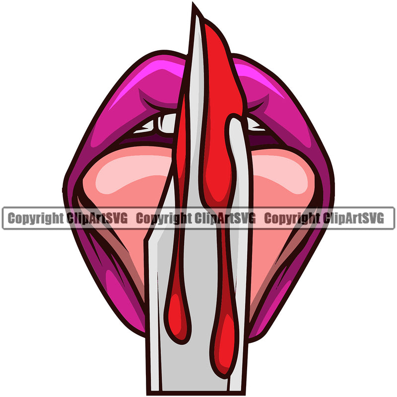 Lips Butcher Knife Horror Blood Design Element Face Sexy Mouth Position Head Cartoon Character Woman Female Girl Lady Mascot Creation Create Art Artwork Creator Business Company Logo Clipart SVG