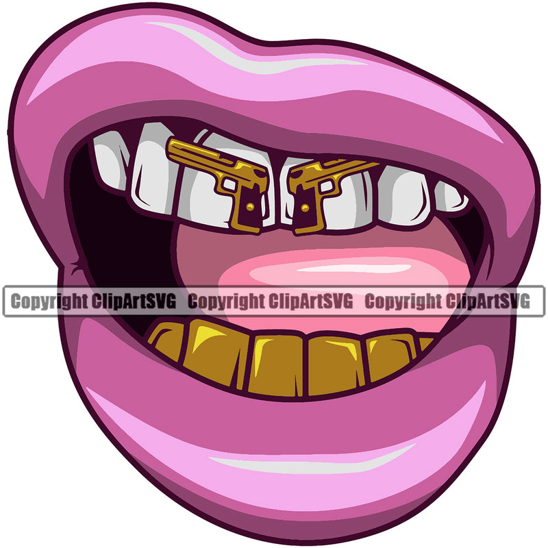 Lips Bottom Gold Teeth Design Element Gun Face Sexy Mouth Position Head Mascot Gangster Grill Thug Mean Mug Bling Jewelry Woman Female Girl Lady Artwork Creator Business Company Logo Clipart SVG