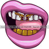 Lips Bottom Gold Teeth Design Element Gun Face Sexy Mouth Position Head Mascot Gangster Grill Thug Mean Mug Bling Jewelry Woman Female Girl Lady Artwork Creator Business Company Logo Clipart SVG