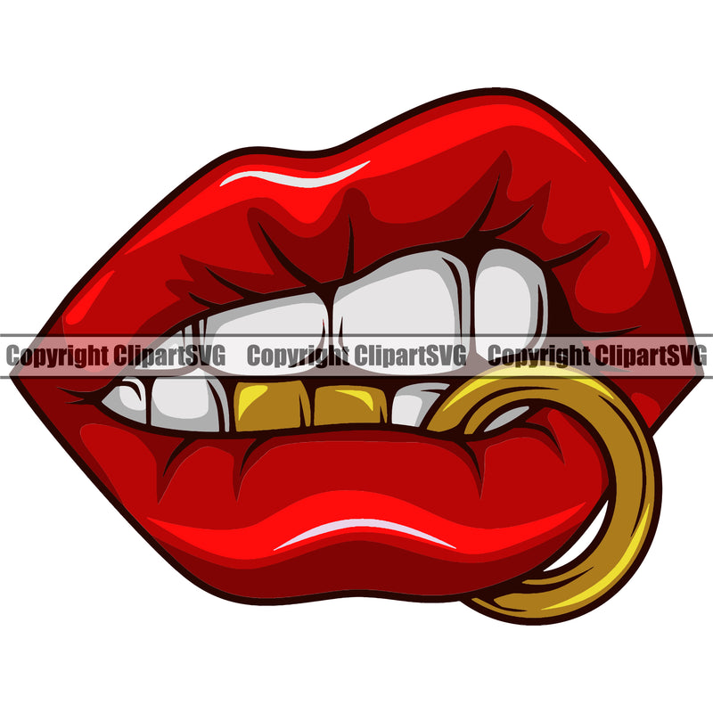 Lips Gold Teeth Ring Design Element Face Sexy Mouth Position Cartoon Mascot Gangster Grill Thug Mean Mug Bling Jewelry Woman Female Girl Lady Art Artwork Creator Business Company Logo Clipart SVG