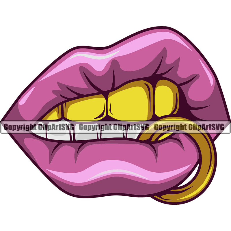 Lips Top Gold Teeth Lip Ring Design Element Face Sexy Mouth Position Head Cartoon Character Mascot  Gangster Grill Thug Mean Mug Bling Jewelry Woman Female Girl Lady Art Artwork Creator Company Logo Clipart SVG