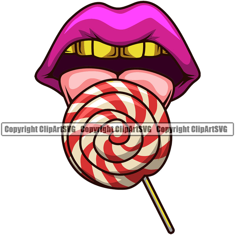 Lips Suck Sucking Lick Licking Candy Lollipop Color Teeth Gold Design Element Face Sexy Mouth Head Cartoon Mascot Creation Create Art Gangster Grill Thug Mean Mug Bling Jewelry Woman Female Girl Creator Business Company Logo Clipart SVG