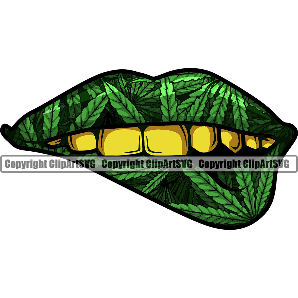 Lips Green Color Bite Biting Lip Marijuana Pot Leaf Design Element Face Sexy Mouth Position Woman Female Girl Lady Cartoon Character Mascot Creation Create Art Artwork Creator Business Company Logo Clipart SVG