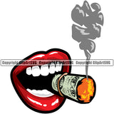 Lips Smoke Smoking $100 Bill Cash Money Cigar Color Design Element Face Sexy Mouth Position Woman Female Girl Lady Cartoon Character Mascot Creation Create Art Artwork Creator Business Company Logo Clipart SVG