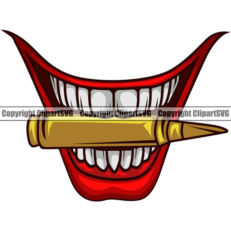 Lips Mouth Teeth Bite Biting Joker Bullet Color Design Element Face Mouth Position Evil Sinister Grin Grinning Head Cartoon Male Man Boy Character Mascot Creation Create Art Artwork Creator Business Company Logo Clipart SVG