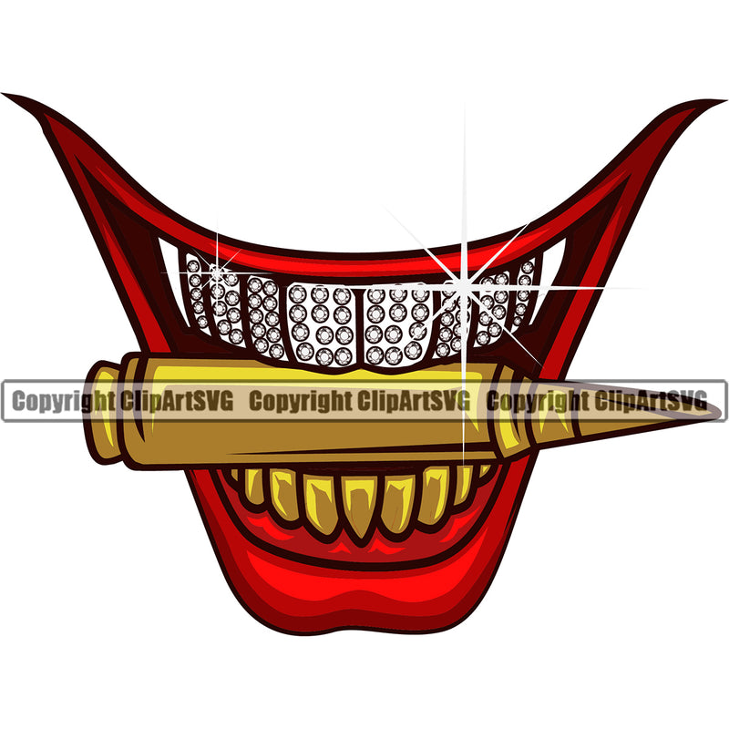 Lips Mouth Bite Biting Bullet Joker Gold Teeth Color Design Element Diamond Face Position Evil Sinister Grin Grinning Male Man Boy Cartoon Character Mascot Creation Create Art Creator Business Gangster Grill Thug Mean Mug Bling Logo Clipart SVG