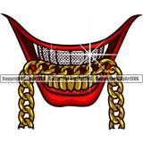 Lips Mouth Teeth Bite Biting Gold Chain Necklace Diamond Teeth Design Element Face Mouth Male Man Boy Position Evil Sinister Grin Grinning Cartoon Character Mascot Gangster Grill Thug Mean Mug Bling Create Art Creator Business Company Logo Clipart SVG