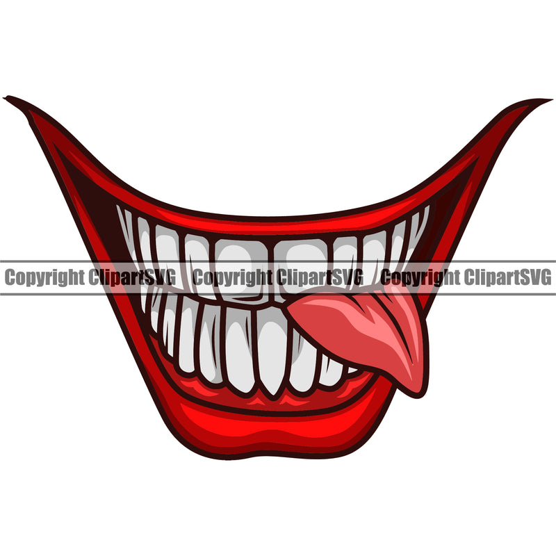 Lips Mouth Teeth Bite Biting Tongue Joker Evil Sinister Grin Grinning Design Element Face Mouth Position Head Male Man Boy Cartoon Character Mascot Creation Create Art Artwork Creator Business Company Logo Clipart SVG