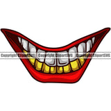 Lips Joker Gold Teeth Evil Sinister Grin Grinning Design Element Woman Female Girl Lady Male Mouth Position Head Cartoon Character Mascot Creation Gangster Grill Thug Mean Mug Bling Art Artwork Business Company Logo Clipart SVG