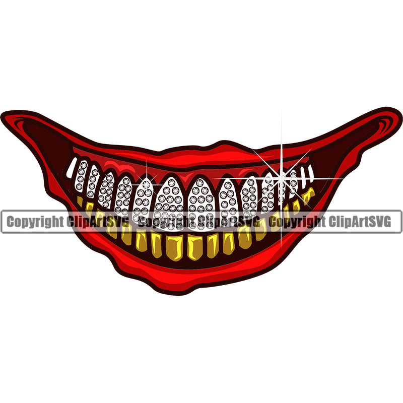Lips Gold Teeth Bottom Top Diamond Design Element Face Mouth Evil Sinister Male Man Boy Grinning Cartoon Character Mascot Creation Create Art Artwork Creator Gangster Grill Thug Mean Mug Company Logo Clipart SVG