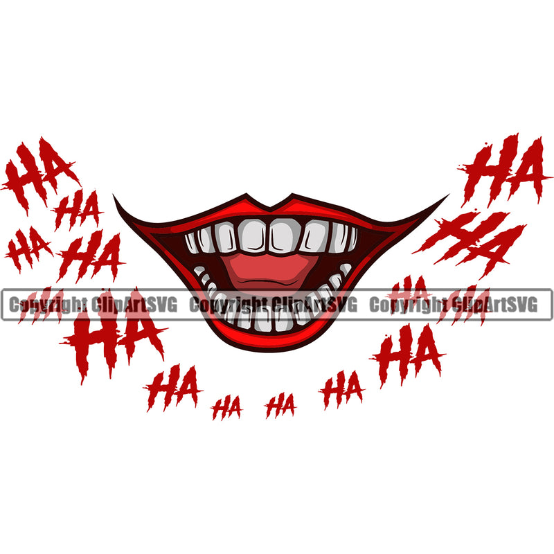 Lips Red Color Clown Mouth Ha Ha Text Design Element Face Mouth Position Head Evil Sinister Grin Grinning Cartoon Character Mascot Creation Create Art Artwork Creator Business Company Logo Clipart SVG