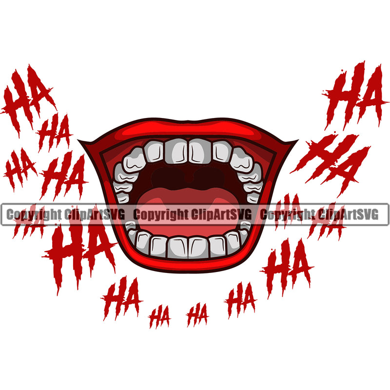 Lips Red Color Clown Face Ha Ha Text Design Element Evil Sinister Grin Grinning Mouth Position Head Cartoon Character Mascot Creation Create Art Artwork Creator Business Male Man Boy Company Logo Clipart SVG