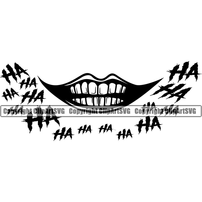 Lips Ha Ha Text With Clown Mouth Design Element Face Position Head Cartoon Evil Sinister Grin Grinning Boy Male Man Character Mascot Creation Create Art Artwork Creator Business Company Logo Clipart SVG