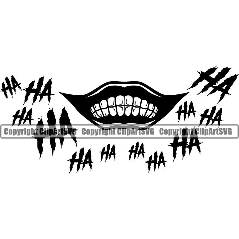 Lips Joker Smile Face Ha Ha Text Black Color Design Element Face Mouth Evil Sinister Grin Grinning Head Cartoon Character Mascot Creation Create Male Man Boy Artwork Creator Business Company Logo Clipart SVG