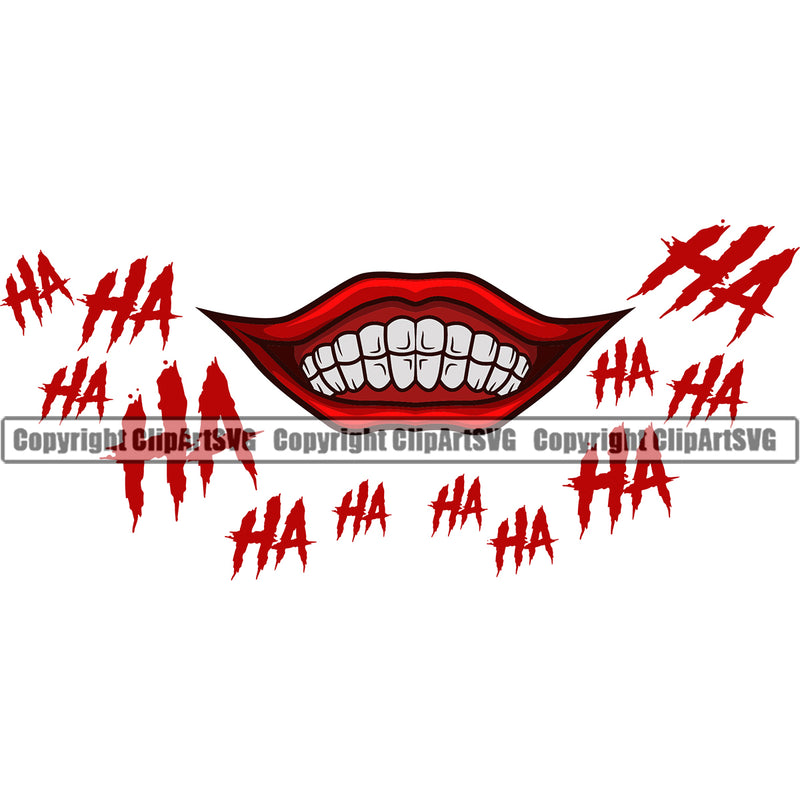 Lips Clown Red Color Face Ha Ha Text Design Element Mouth Position Male Man Boy Cartoon Character Mascot Creation Evil Sinister Grin Grinning Art Creator Business Company Logo Clipart SVG