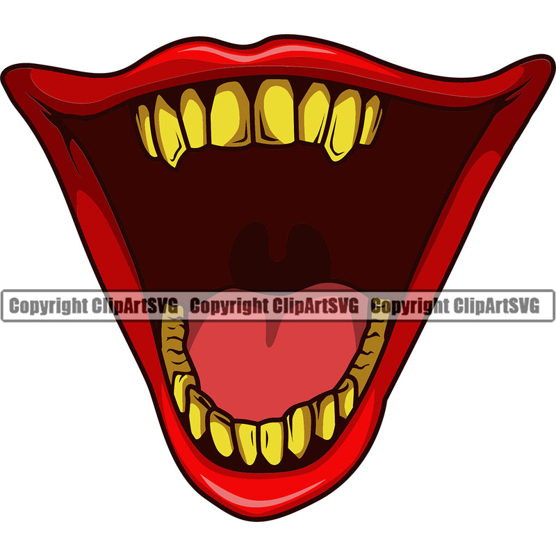 Lips Clown Open Mouth Gold Teeth Design Element Male Man Boy Face Position Head Cartoon Gangster Grill Thug Mean Mug Bling Jewelry Evil Sinister Grin Grinning Character Creation Create Art Creator Company Logo Clipart SVG