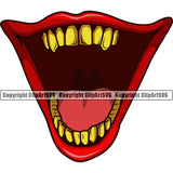 Lips Clown Open Mouth Gold Teeth Design Element Male Man Boy Face Position Head Cartoon Gangster Grill Thug Mean Mug Bling Jewelry Evil Sinister Grin Grinning Character Creation Create Art Creator Company Logo Clipart SVG