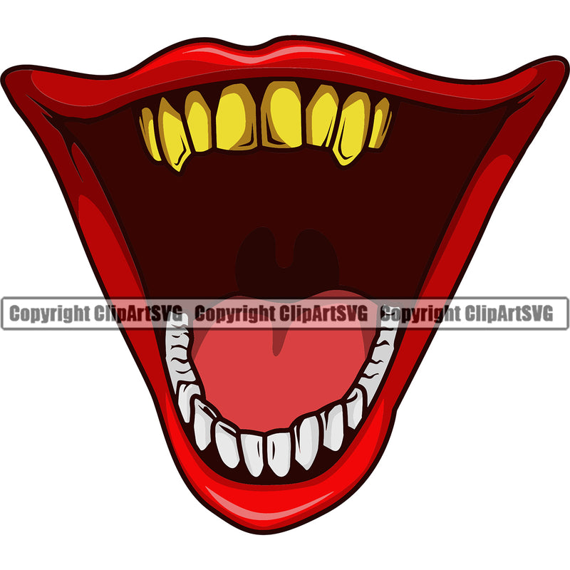 Lips Top Gold Teeth Clown Design Element Face Position Head Cartoon Gangster Grill Thug Mean Male Man Boy Bling Jewelry Sinister Grin Grinning Mascot Creation Create Art Artwork Creator Business Company Logo Clipart SVG