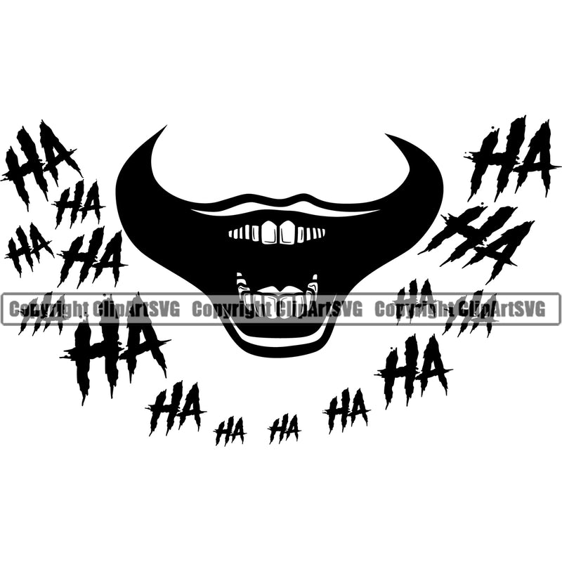 Lips Mouth Clown Black Color Ha Ha Text Design Element Evil Sinister Grin Grinning Face Mouth Position Head Cartoon Character Mascot Creation Create Art Artwork Creator Business Company Logo Clipart SVG