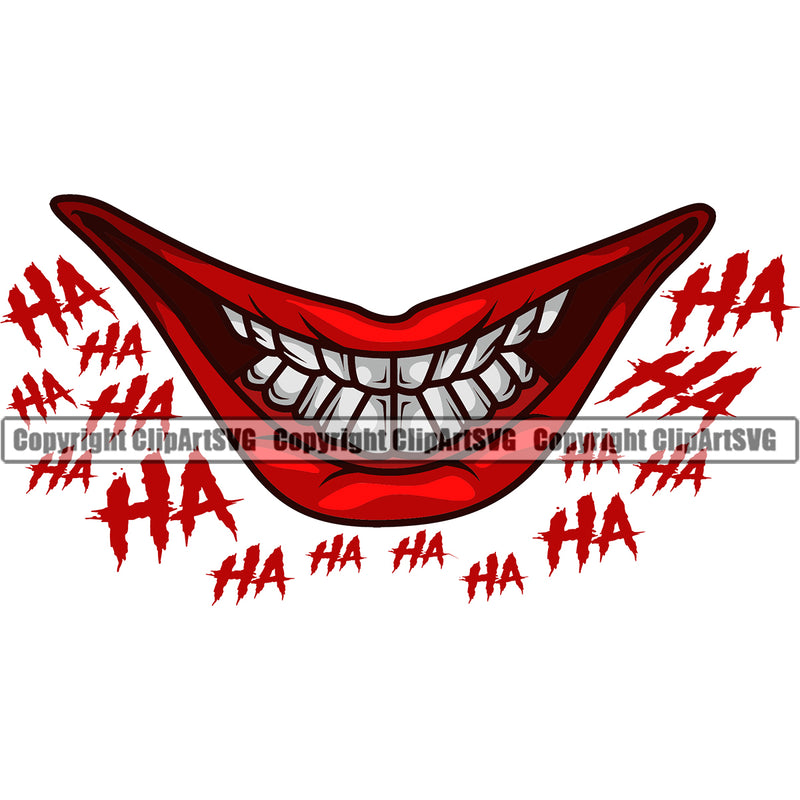 Lips Ha Ha Text Clown Face Red Color Design Element Male Man Boy Face Mouth Position Head Cartoon Character Mascot Create Art Evil Sinister Grin Grinning Business Company Logo Clipart SVG