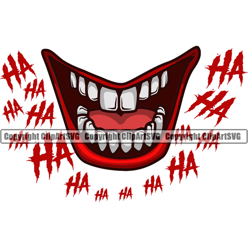 Lips Red Color Clown Open Face Ha Ha Text Design Element Mouth Male Man Boy Position Head Evil Sinister Grin Grinning Character Mascot Create Art Artwork Creator Business Company Logo Clipart SVG