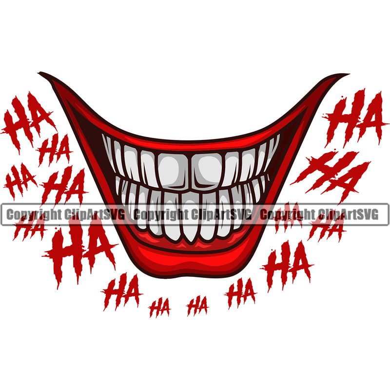 Lips Red Color With Ha Ha Text Clown Face Design Element Mouth Male Man Boy Position Evil Sinister Grin Grinning Cartoon Character Mascot Creation Create Art Artwork Creator Business Company Logo Clipart SVG