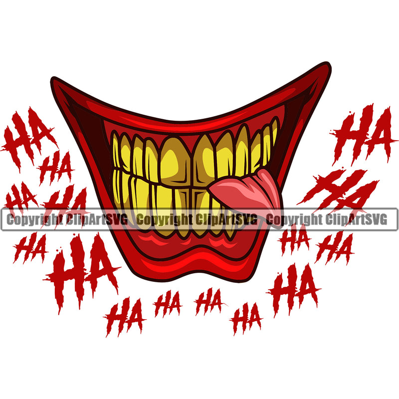 Lips Tongue Clown Red Color With Ha Ha Text Design Element Face Evil Sinister Grin Grinning Male Man Boy Mouth Position Head Cartoon Character Mascot Creation Create Art Artwork Creator Business Company Logo Clipart SVG