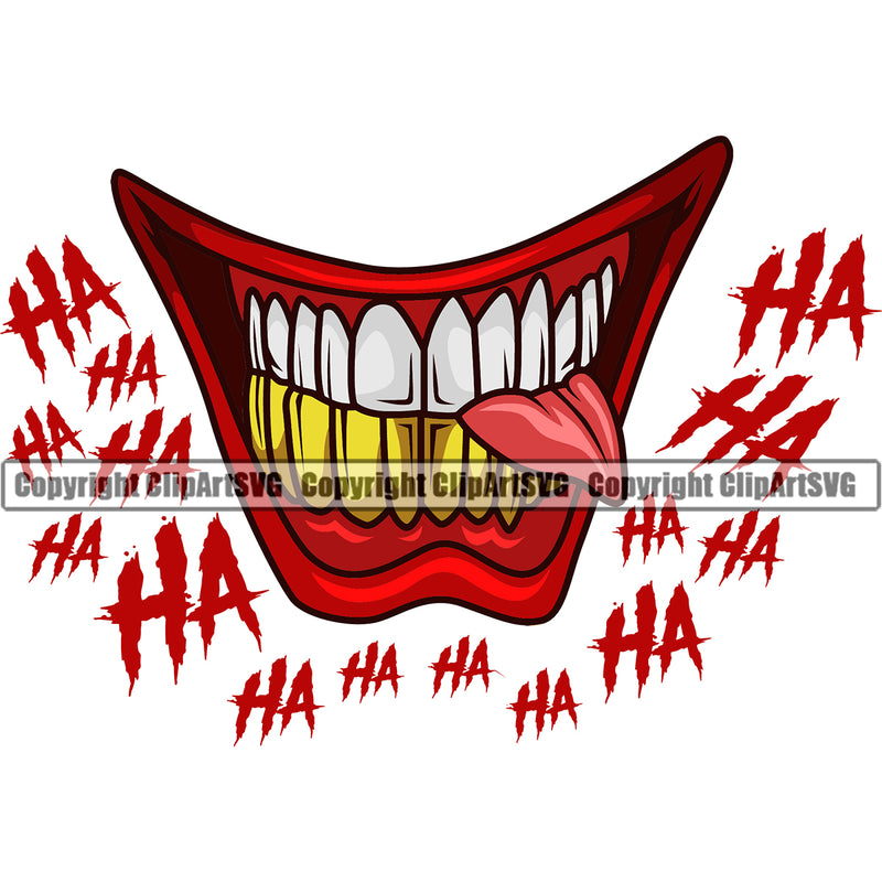 Lips Clown Smile Face Bottom Teeth Gold Tongue Design Element Face Mouth Gangster Grill Thug Mean Mug Bling Jewelry Evil Sinister Grin Grinning Position Male Man Boy Cartoon Mascot Creation Art Artwork Creator Business Company Logo Clipart SVG
