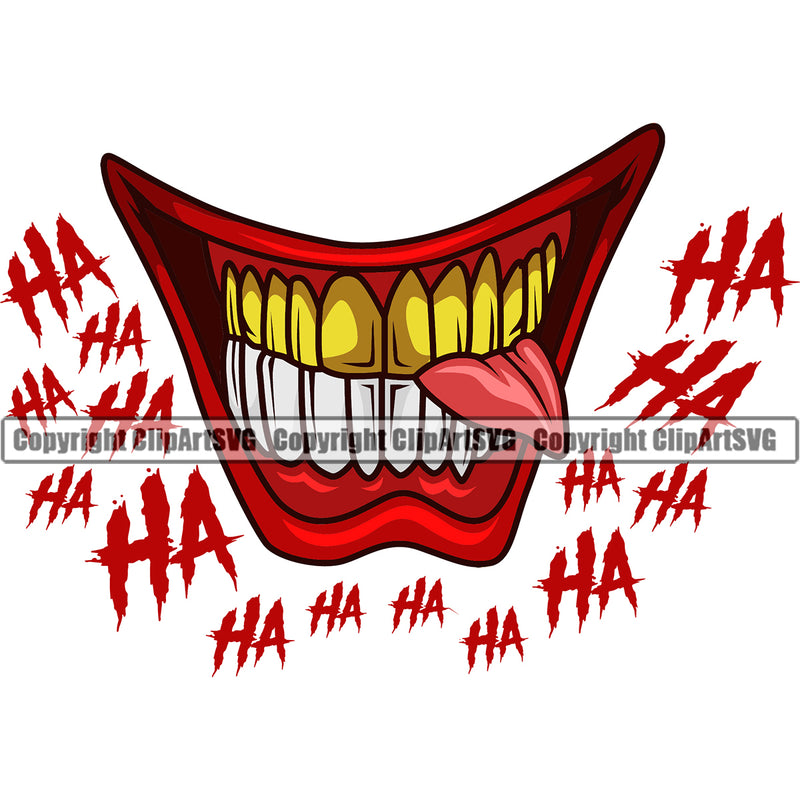 Lips Mouth Teeth Bite Biting Clown Top Teeth Gold Color Design Element Face Gangster Grill Male Man Boy Thug Mean Mug Bling Jewelry Evil Sinister Grin Grinning Position Cartoon Mascot Creation Art Artwork Creator Business Company Logo Clipart SVG