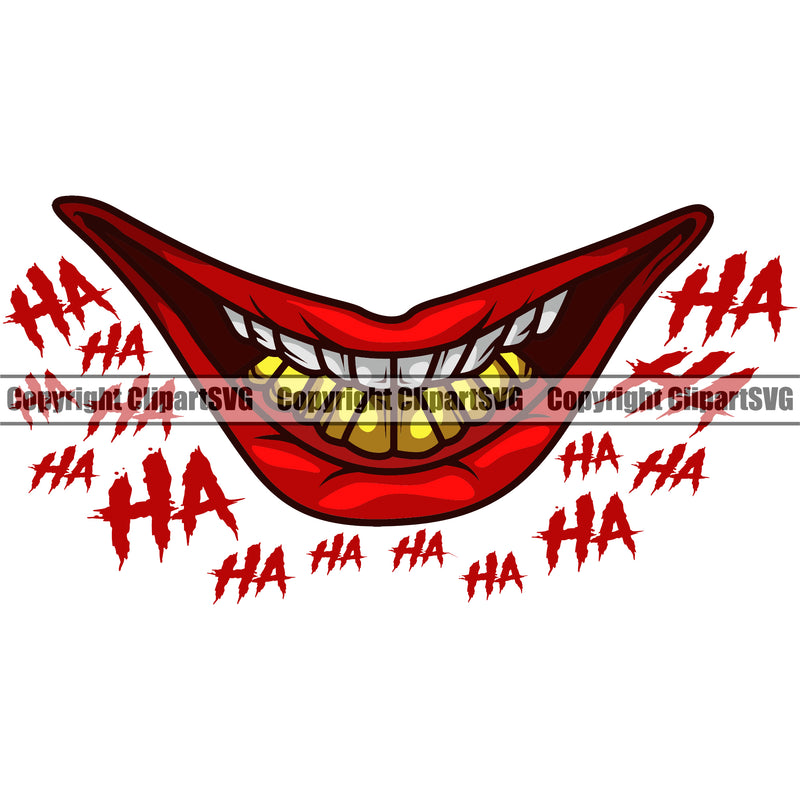 Lips Clown Face Design Element Ha Ha Text Gold Teeth Mouth Head Cartoon Mascot Gangster Grill Thug Mean Mug Bling Jewelry Evil Sinister Grin Grinning Create Art Artwork Creator Business Company Logo Clipart SVG