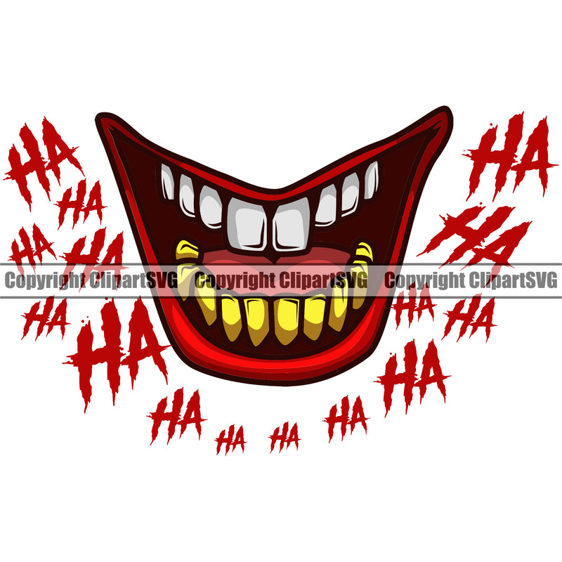Lips Clown Ha Ha Text Red Color Gold Teeth Design Element Face Male Man Boy Mouth Position Evil Sinister Grin Grinning Cartoon Character Mascot Creation Create Art Artwork Creator Business Company Logo Clipart SVG
