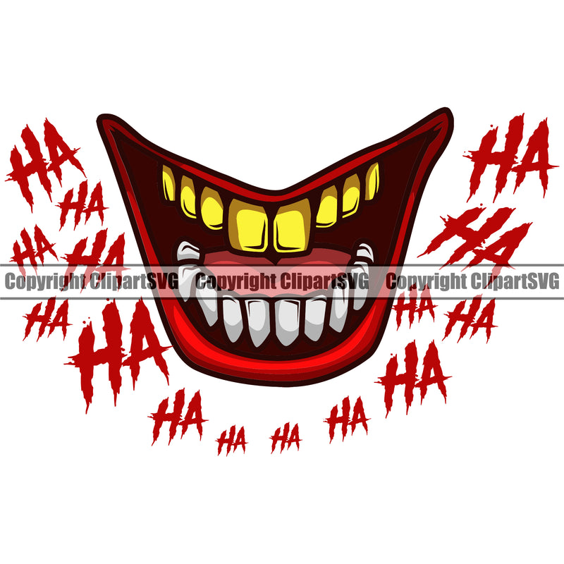 Lips Smile Clown Top Gold Teeth Ha Ha Text Design Element Face Mouth Position Head Gangster Grill Thug Mean Mug Bling Jewelry Evil Sinister Grin Grinning Male Man Boy Creation Create Art Creator Business Company Logo Clipart SVG