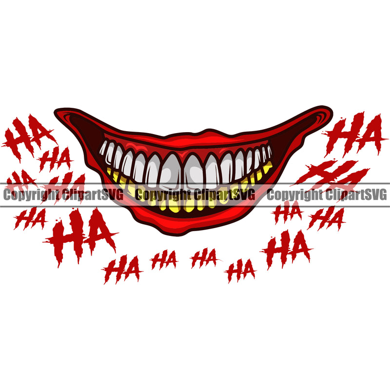 Lips Red Color Ha Ha Text Clown Face Design Element Bottom Gold Teeth Gangster Grill Mug Bling Jewelry Sinister Grin Grinning Mouth Position Head Cartoon Character Mascot Creation Create Art Artwork Creator Business Company Logo Clipart SVG