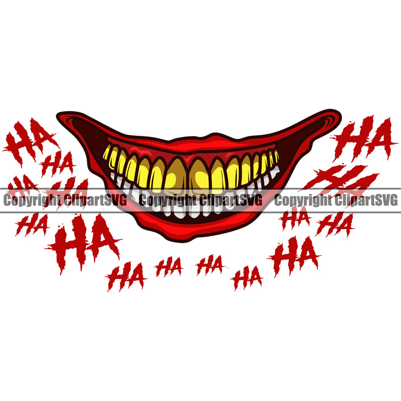 Lips Clown Top Gold Teeth Color Ha Ha Text Design Element Face Mouth Head Gangster Grill Thug Mean Mug Bling Jewelry Evil Sinister Grin Grinning Mascot Creation Create Art Artwork Creator Business Company Logo Clipart SVG
