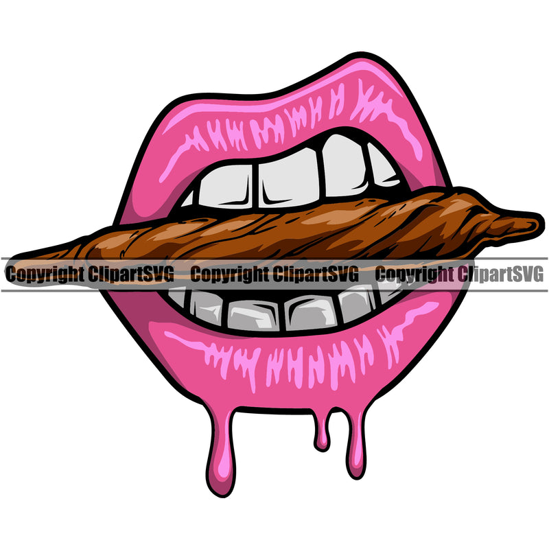 Lips Bite Biting Marijuana Pot Joint Blunt Pink Color White Teeth Design Element Face Sexy Mouth Position Woman Female Girl Lady Head Cartoon Character Mascot Creation Create Art Artwork Creator Business Company Logo Clipart SVG