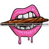 Lips Bite Biting Marijuana Pot Joint Blunt Pink Color White Teeth Design Element Face Sexy Mouth Position Woman Female Girl Lady Head Cartoon Character Mascot Creation Create Art Artwork Creator Business Company Logo Clipart SVG